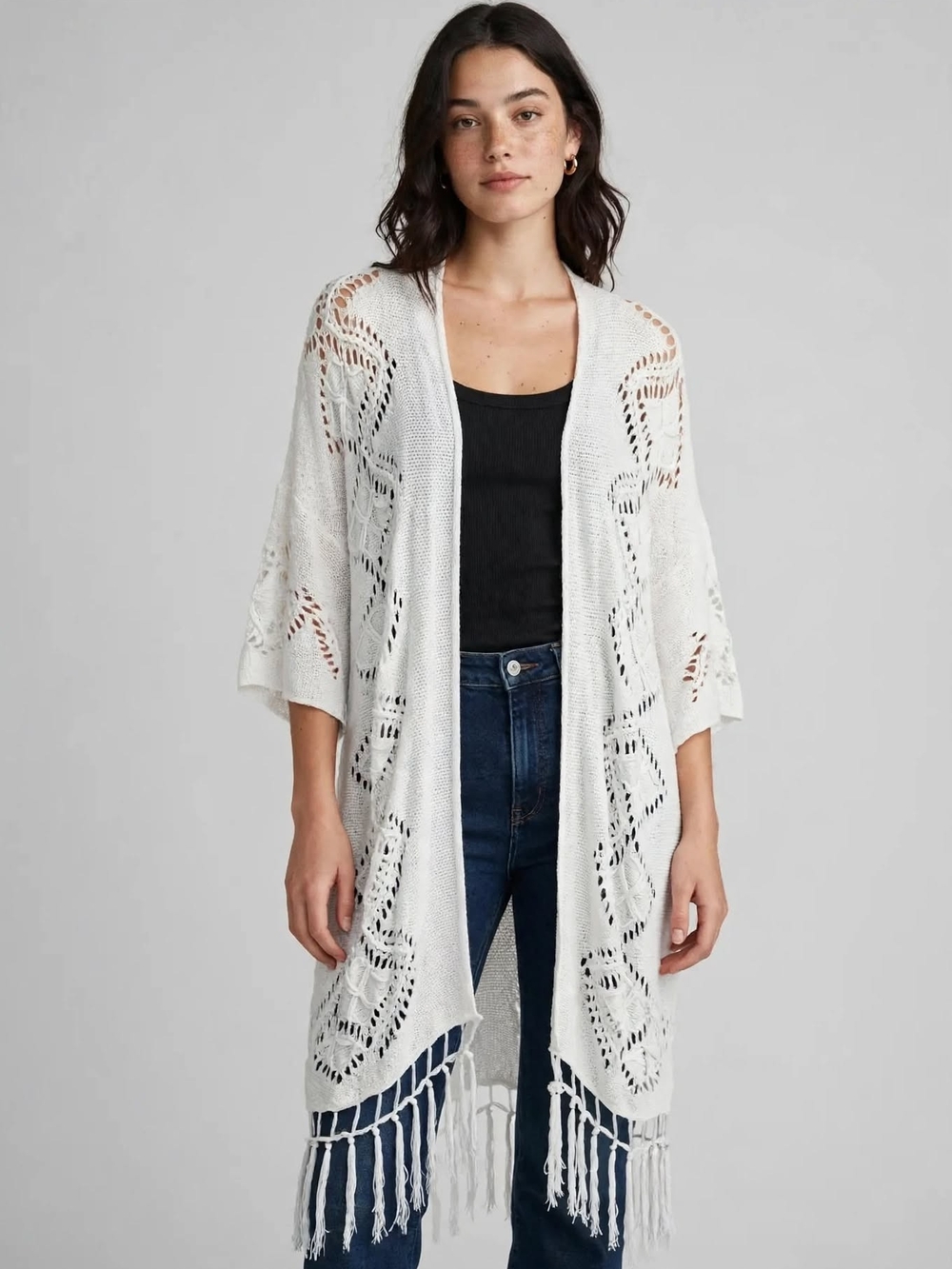 Chico's White Open-Knit Fringe Cardigan SZ 1